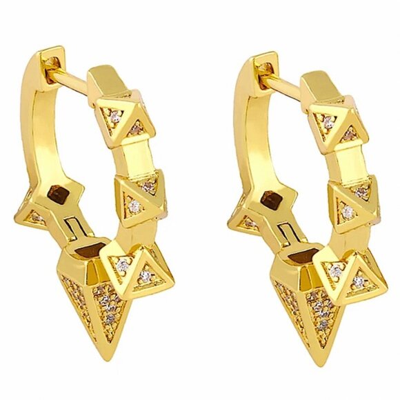 Gold Zircon Spiked Minimalist Earrings, Hoop, Huggie - Picture 3 of 9